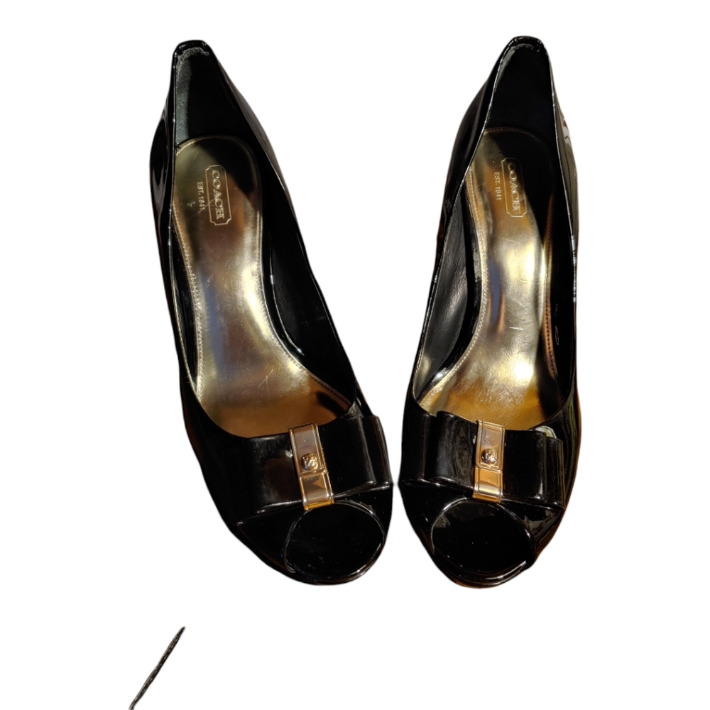 Coach Black Patent Leather Heels W/Gold Bow